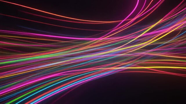 Abstract of colorful neon light trails on black background, creating a sense of movement and energy. The vibrant streaks of light suggest speed and dynamism