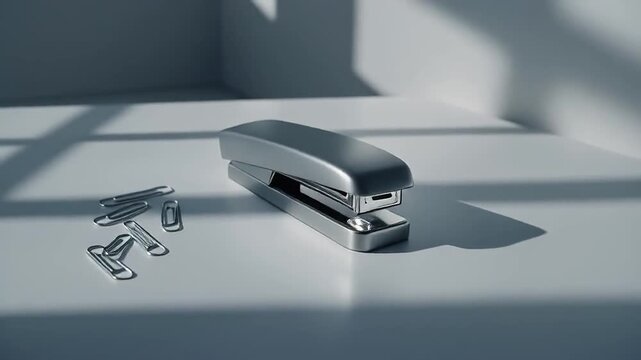 A sleek silver stapler sits beside a small pile of metallic staples on a clean white surface with sharp shadows.