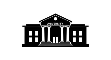 Classical architecture building icon representing a university, courthouse, or bank. A simple black and white flat vector silhouette for higher education, finance, or government concepts