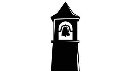 Striking minimalist black silhouette of a traditional church bell tower, featuring an antique bell hanging within its belfry, isolated on a clean white background