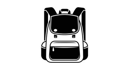 Black and white minimalist icon of a classic backpack. A simple graphic representing travel, education, adventure, and everyday essentials for modern designs