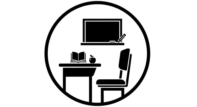 Classic classroom setup with a student desk, open book, apple, and blackboard inside a circle icon, symbolizing education, learning, and academic knowledge pursuit