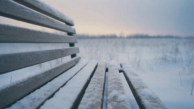 A snow-covered wooden park bench sits quietly in a serene winter landscape at dawn, evoking a sense of peaceful solitude.