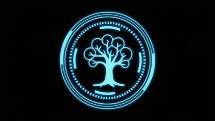 A seamless, looping, futuristic HUD icon of a tree. This blue, glowing, circular animation has a black background for eco or tech concepts. - Powered by Adobe