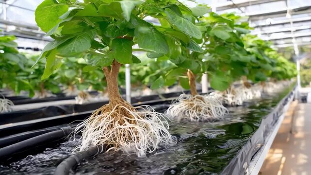 Horizontal hydroponic tree cultivation in medium shot focusing on root systems immersed in flowing enriched water channels.