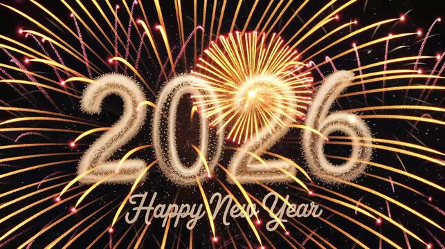Happy New Year 2026 gold typography dissolving into fireworks particles