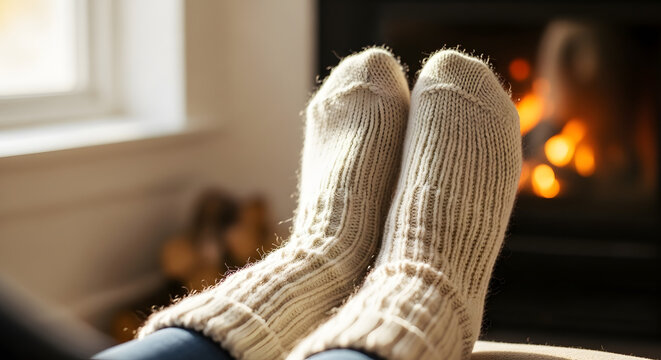 A person's feet in warm, knitted socks relaxing by a cozy fireplace, creating a scene of comfort and winter warmth. - Powered by Adobe