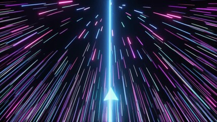 An arrow is pointing upwards with colorful lines streaking through the dark, representing movement and progress. A symbol of direction