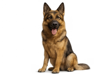 German shepherd dog sitting, looking at camera with tongue out, happy purebred pet animal portrait on transparent background