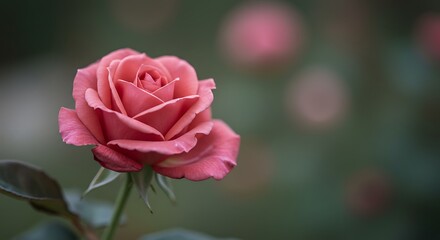Close up of a vibrant pink rose in full bloom with blurred background bokeh