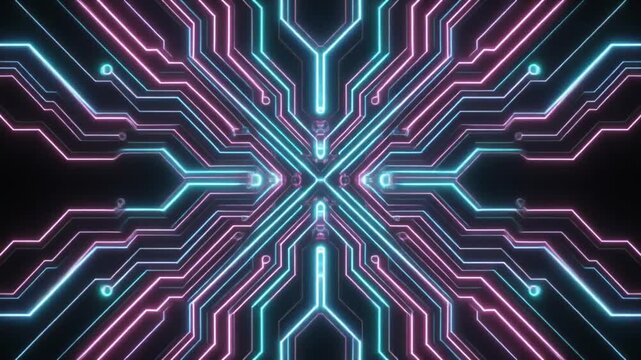 A vibrant illustration showcasing an abstract futuristic circuit board design with blue and pink neon lighting. The pattern is symmetrical and full of energy