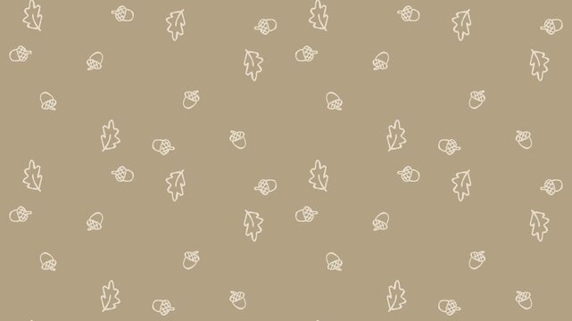Looping animated acorn and oak leaf pattern on brown background