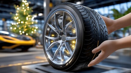 Hands of a person holding a shiny alloy wheel with a tire, surrounded by festive decorations and a Christmas tree, showcasing automotive holiday spirit and seasonal cheer