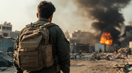 Fototapeta premium Back view of a reporter in a war zone, wearing protective gear, capturing the intensity, danger, and human perspective of conflict reporting.