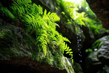 Fototapeta premium Lush fern in cave with sunlight