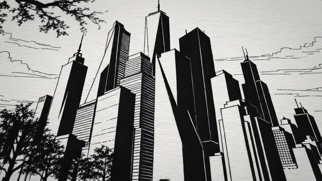 Black and white line art cityscape with tall modern skyscrapers and stylized clouds