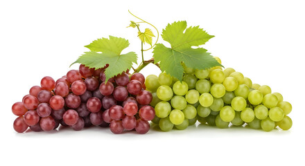 Fototapeta premium Fresh Red & Green Grapes Bunch with Vine Leaves – White Background for Winery Ads, Fruit Market Banners, Healthy Eating Blogs & Gourmet Food Social Media