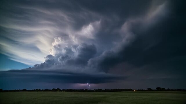 A dramatic and awe-inspiring image of a thunderstorm with lightning illuminating the sky above a flat field.