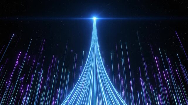 Bright blue beams converge upwards, culminating in a brilliant source of light. They have their arms raised in victory, with smiles on their faces