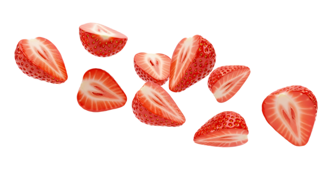 Freshly Sliced Strawberries Scattered on a White Background