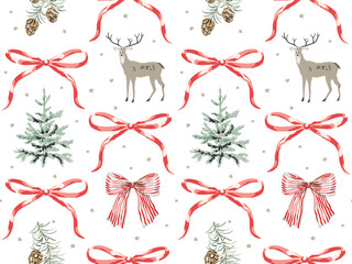 Fototapeta premium Christmas seamless pattern, fir trees, red bows, deer animal, cones, stars, white background. Vector illustration. Nature design. Season greeting. Winter holidays wrapping