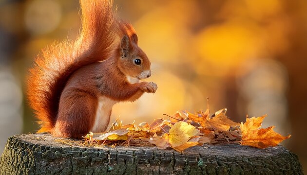Cute Red Squirrel With Fluffy Tail Sitting On A Tree Stump Covered With Colorful Leaves Feeding On Seeds Sunny Autumn Day In A Deep Forest Blurry Yellow And Brown Background