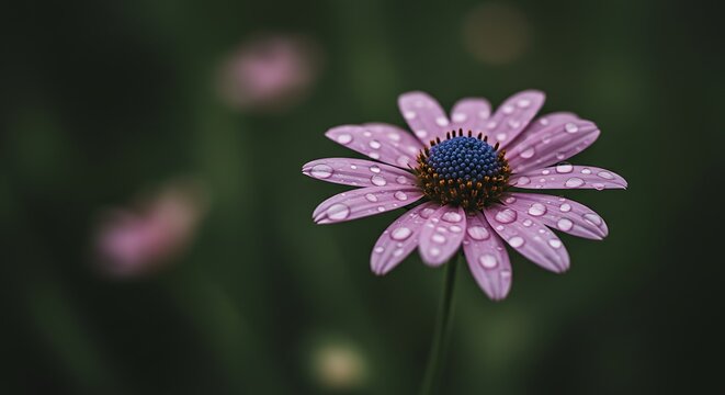 Close up of a vibrant purple daisy with water droplets in natural setting