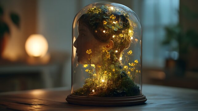 surreal scene of a head-shaped terrarium filled with glowing plants and golden light, serene mental recovery concept, realistic soft focus, 