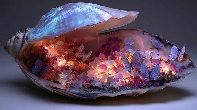3D geometric shell cracked open revealing glowing garden and butterflies inside, delicate spiritual symbolism of healing and rebirth,  - Powered by Adobe