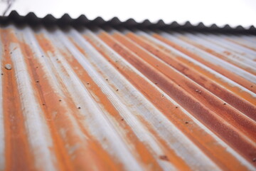 Close-up of a weathered and heavily rusted corrugated metal roof, showcasing the intricate patterns of corrosion and the rich, warm tones of orange and brown against a muted background