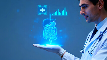 Doctor presents holographic digestive system with data analysis on his hand in a futuristic medical setting showcasing innovation in healthcare technology and diagnostics with advanced imaging