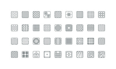 Fabric pattern square shape templates, simple texture decor line icon set. Animal and nature floral print, star and circle, triangle and tartan thin black outline symbols vector illustration