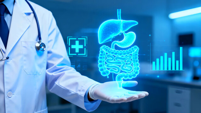 Doctor presents a digital hologram of the digestive system with liver stomach and intestines for medical research and healthcare innovation in a modern hospital setting using advanced technology