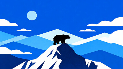 Majestic bear silhouette atop a snowy mountain peak under a bright blue sky with geometric clouds and a stylized sun in a minimalist landscape art illustration