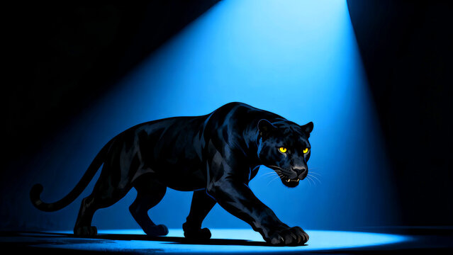 Striking black panther with glowing yellow eyes prowls under a dramatic blue spotlight creating a captivating and powerful scene perfect for wildlife enthusiasts and design projects