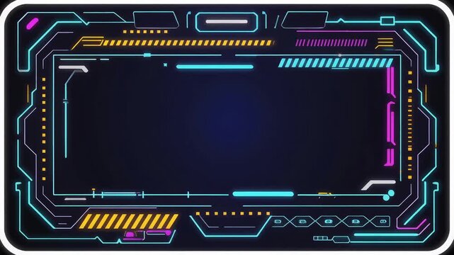 A seamless, looping, futuristic HUD or UI frame. This colorful, high-tech border has a dark background for tech or gaming overlays. - Powered by Adobe