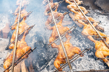 Yummy Huli Huli Chicken. Honolulu, Oahu, Hawaii. Huli-huli chicken is a grilled chicken dish in Hawaiian cuisine, prepared by barbecuing a chicken over mesquite wood.