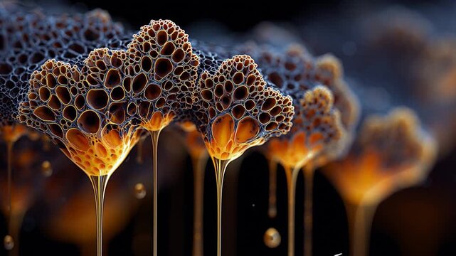 Close-up of vibrant coral reef with intricate patterns and dripping textures in a marine environment