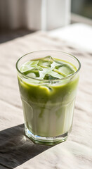 Iced matcha latte recipe healthy green tea drink with milk and ice cubes refreshment beverage