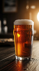 A pint of beer on a wooden table perfect for a bar pub restaurant or brewery background use