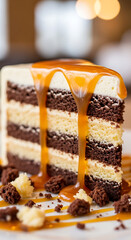 Delicious caramel chocolate cake slice dessert recipe sweet bakery indulgence food photography