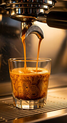 Espresso shot pouring from espresso machine into glass cup for coffee drink beverage brew