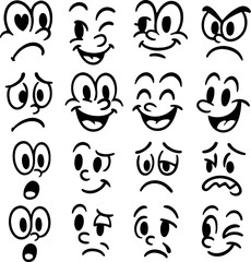 Cartoon faces showing a variety of emotions in a simple black and white line drawing style illustration
