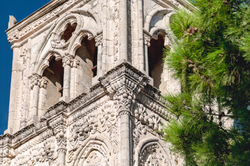 Intricate stone carvings adorn Church tower in Pano Lefkara, Cyprus