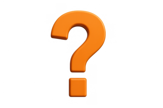 Orange 3d question mark symbol representing query, uncertainty, asking, and decision making on transparent background