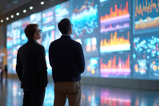 Businessmen analyzing digital data visualizations