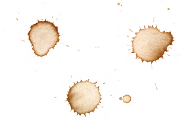 Three distinct, medium-to-large coffee splat marks with a few tiny droplets, isolated transparent background, defined, irregular edges, uniform brown color, classic, concentrated grunge element
