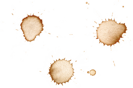 Three distinct, medium-to-large coffee splat marks with a few tiny droplets, isolated transparent background, defined, irregular edges, uniform brown color, classic, concentrated grunge element