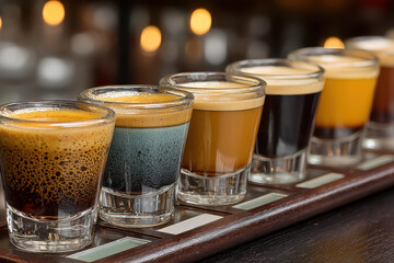 Variety of coffee shots on a wooden tray