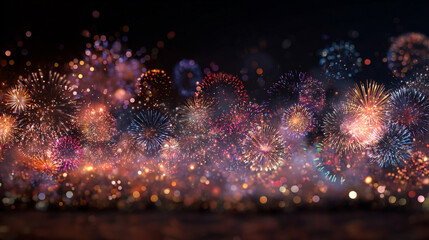 Bright glowing multicolor fireworks light up the night sky with sparkling bokeh celebrating national holidays festivals New Year and special events creating a festive magical atmosphere